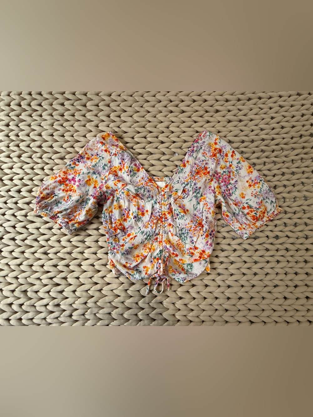 H&M White Floral Ruched Crop Top with Orange & Purple Print